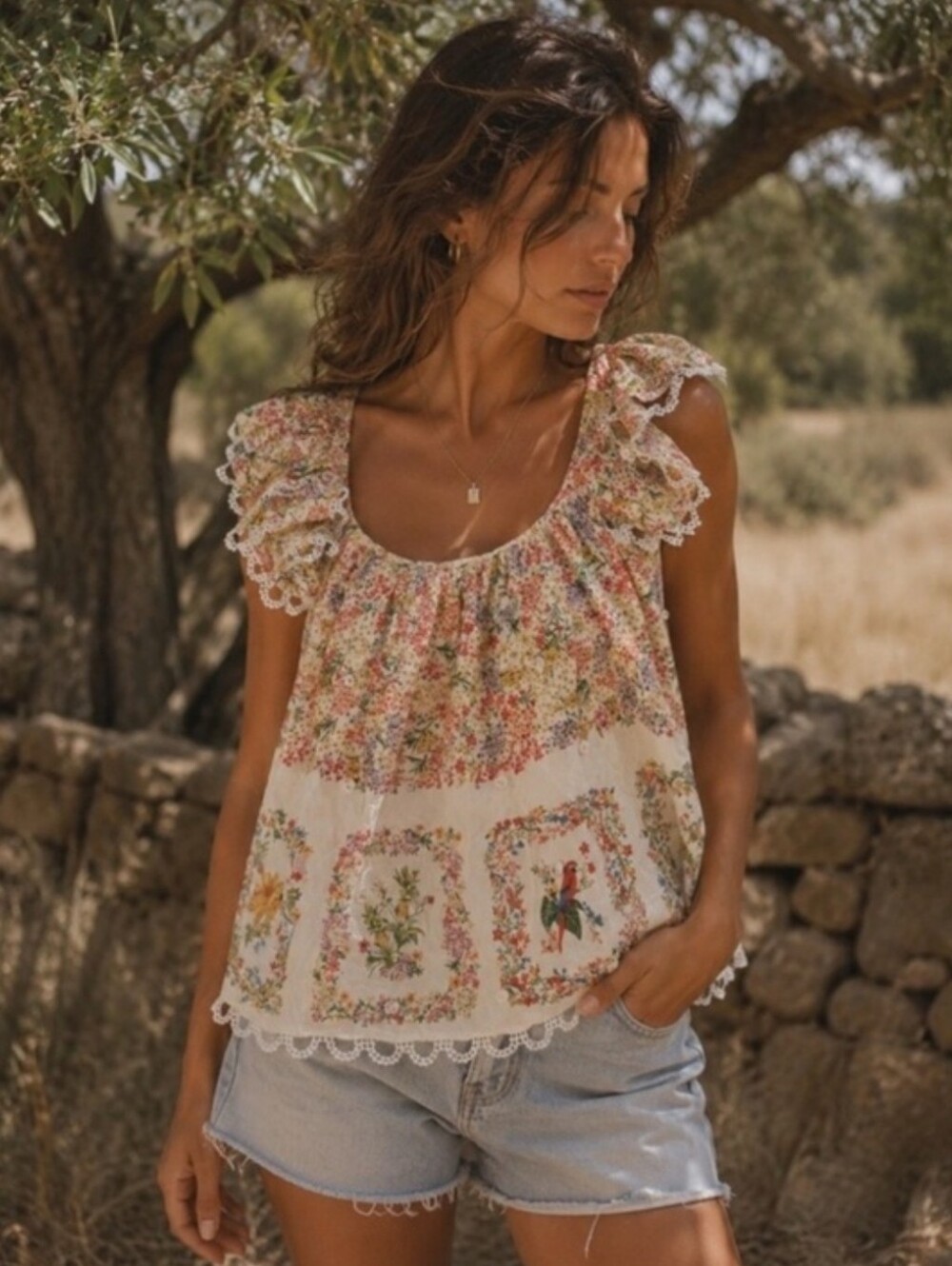Farm Rio 100% Cotton Delicate Forest Scarves Square Neck Blouse XL